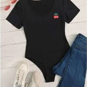 Zaful Black and Red Cherry Embroidered Bodysuit